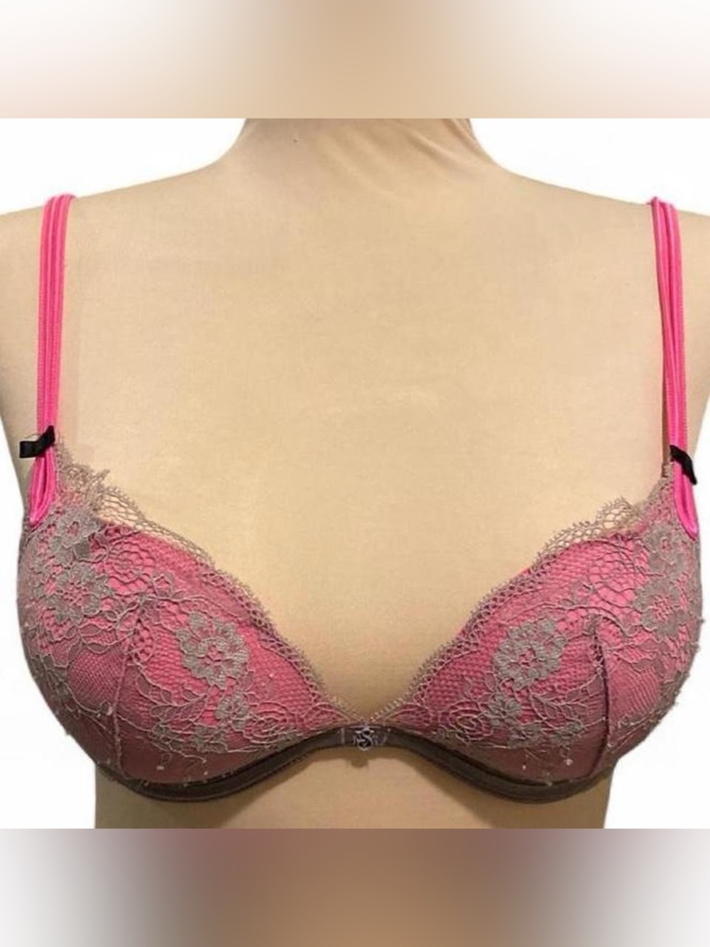 Victoria's Secret Pink Lace Push-Up Bra with Gray Florl Lace Overlay